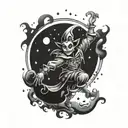 A whimsical masquerade jester dancing under a full moon surrounded by spooky Halloween elements tattoo design idea