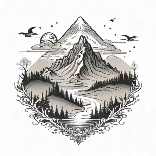 a mountain that is an A because of the snow on top and below the mountain there is a river that simulates a V with small trees tattoo design idea
