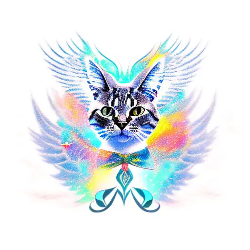 A cat with wings soaring through the sky, representing the courage to defy limits and reach for the impossible. tattoo design idea