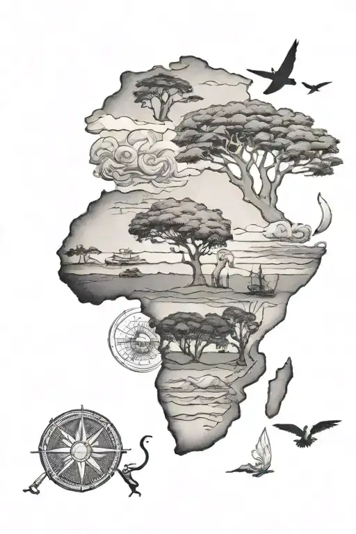 a drawing depicting Africa (in memory of my grandfather, mother) and the navy (in memory of my paternal grandfather) tattoo design idea
