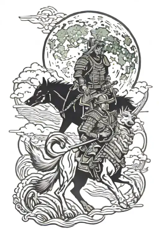 samurai and wolf howling at the moon tattoo design idea