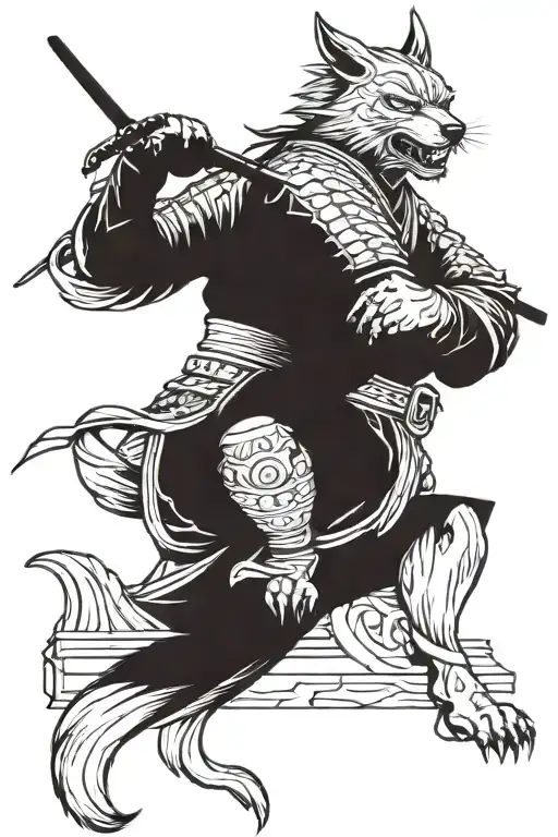 Samurai Sitting in a Thrones with his wolf looking forward tattoo design idea