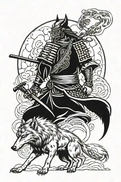 Samurai warrior standing with his wolf howling in the night  tattoo design idea