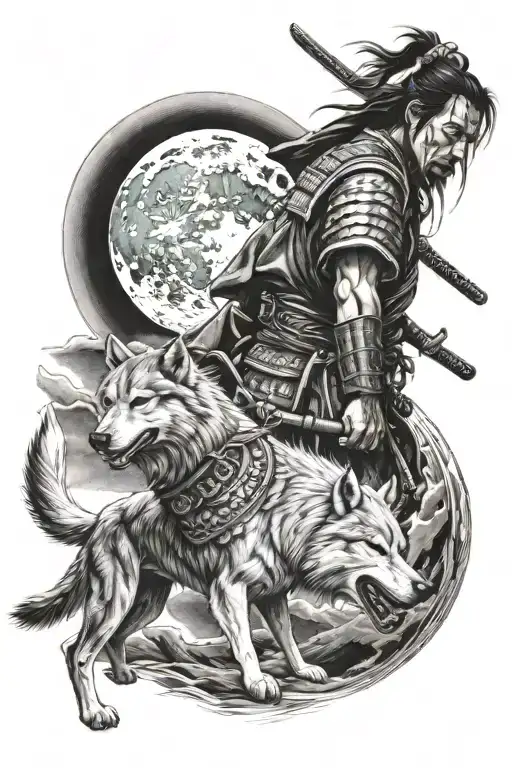 Samurai warrior standing with his wolf howling at the moon tattoo design idea