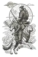samurai and wolf howling at the moon tattoo design idea