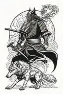 Samurai warrior standing with his wolf howling in the night  tattoo design idea