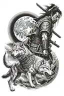 Samurai warrior standing with his wolf howling at the moon tattoo design idea