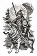 Samurai warrior standing with his wolf howling at the moon tattoo design idea