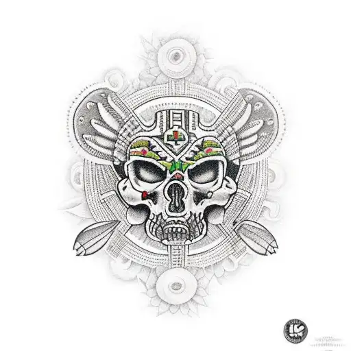 Huitzilopochtli with all types of hallucinogenic drugs around   tattoo design idea