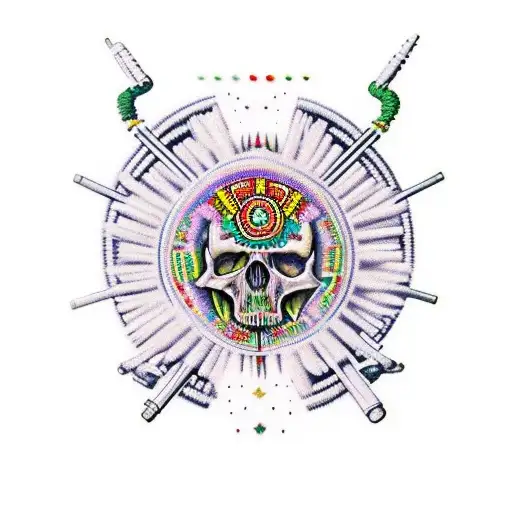 Huitzilopochtli with all types of hallucinogenic drugs around   tattoo design idea