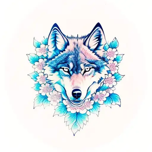 three headed wolf with sakura flower background tattoo design idea