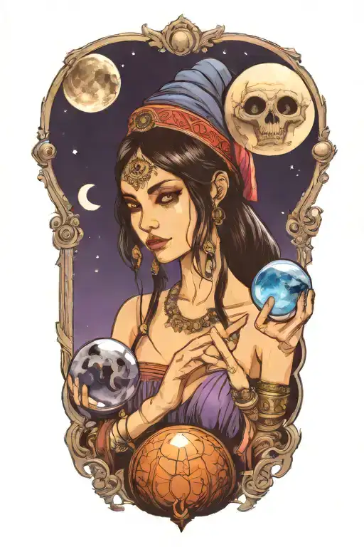 A fortune teller holding a crystal ball with a mysterious alien standing behind her, under a crescent moon tattoo design idea