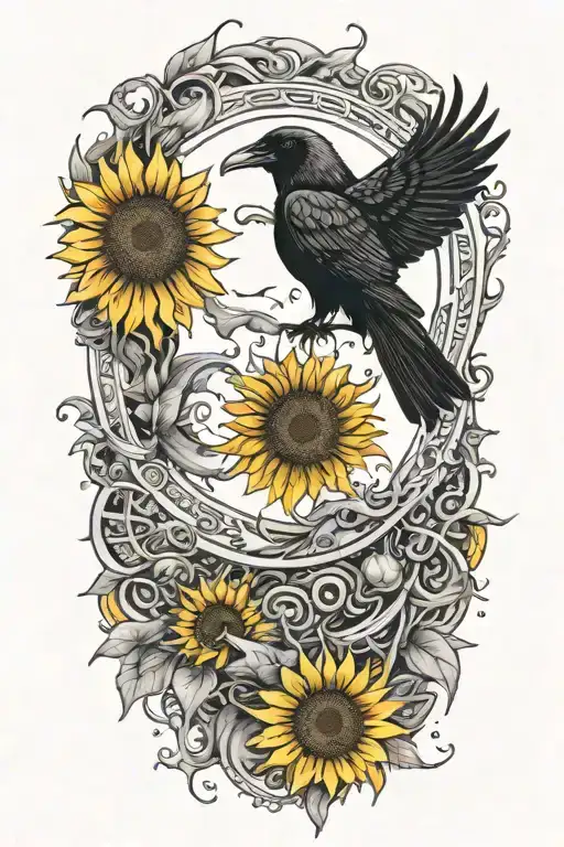 An intricate tattoo design of a crow perched on a crescent moon, surrounded by sunflowers and alien symbols, representing the connection between nature, the cosmos, and the unknown tattoo design idea
