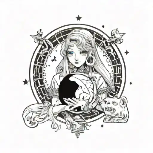 A fortune teller holding a crystal ball with a mysterious alien standing behind her, under a crescent moon tattoo design idea
