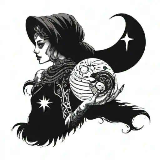 A fortune teller holding a crystal ball with a mysterious alien standing behind her, under a crescent moon tattoo design idea