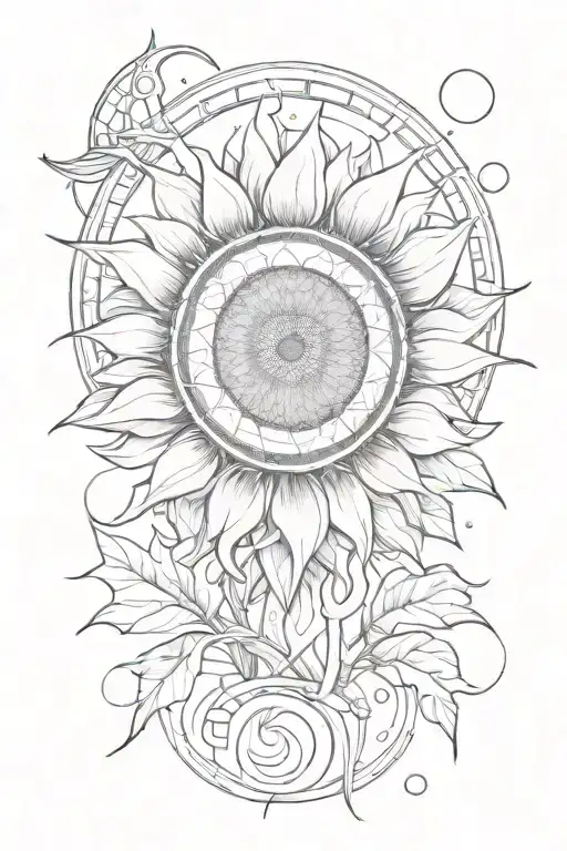 An abstract sketch of a sunflower morphing into an alien spacecraft, with the sun and moon shining in the sky tattoo design idea