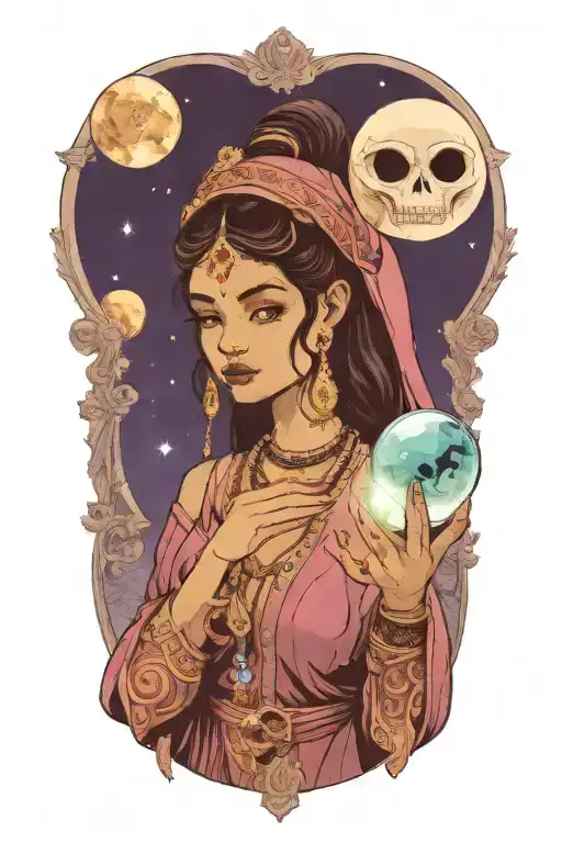 A fortune teller holding a crystal ball with a mysterious alien standing behind her, under a crescent moon tattoo design idea