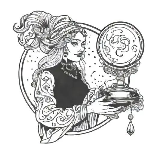 A fortune teller holding a crystal ball with a mysterious alien standing behind her, under a crescent moon tattoo design idea