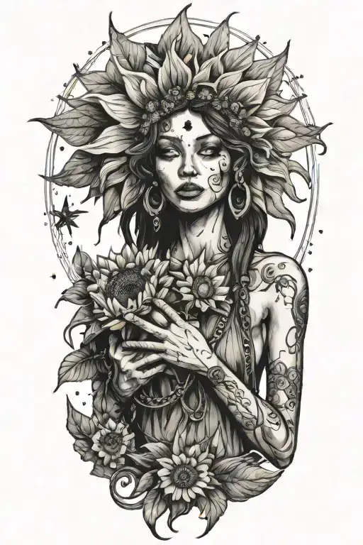 A minimalist sketch of a gypsy alien holding a sunflower, with a moon and stars in the background tattoo design idea