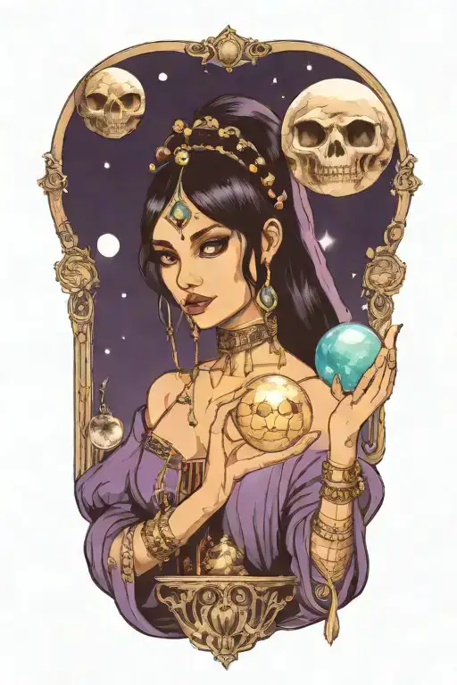 A fortune teller holding a crystal ball with a mysterious alien standing behind her, under a crescent moon tattoo design idea