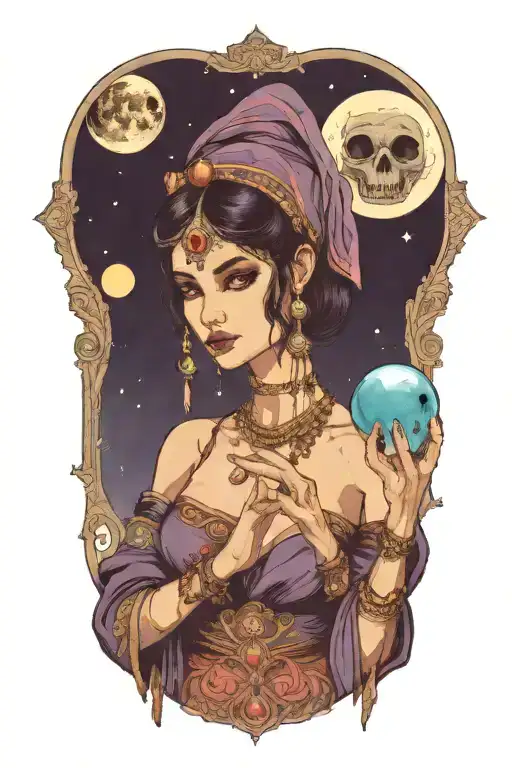 A fortune teller holding a crystal ball with a mysterious alien standing behind her, under a crescent moon tattoo design idea
