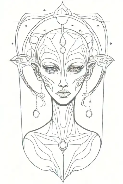 A minimalist sketch of a celestial gypsy alien with intricate patterns on their skin, standing in front of a cosmic background tattoo design idea