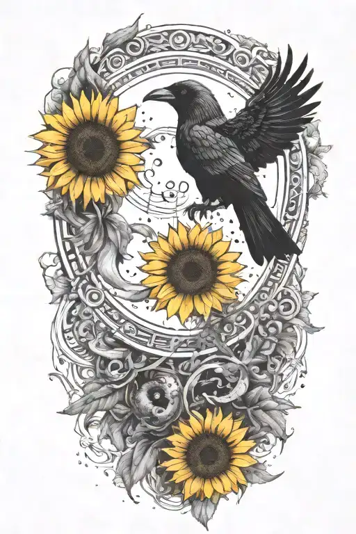 An intricate tattoo design of a crow perched on a crescent moon, surrounded by sunflowers and alien symbols, representing the connection between nature, the cosmos, and the unknown tattoo design idea