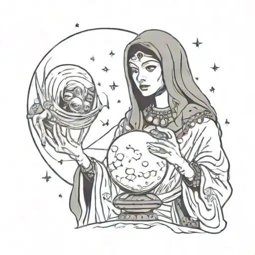 A fortune teller holding a crystal ball with a mysterious alien standing behind her, under a crescent moon tattoo design idea