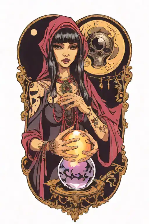 A fortune teller holding a crystal ball with a mysterious alien standing behind her, under a crescent moon tattoo design idea