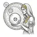 A fortune teller holding a crystal ball with a mysterious alien standing behind her, under a crescent moon tattoo design idea