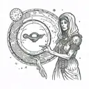 A fortune teller holding a crystal ball with a mysterious alien standing behind her, under a crescent moon tattoo design idea