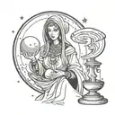 A fortune teller holding a crystal ball with a mysterious alien standing behind her, under a crescent moon tattoo design idea