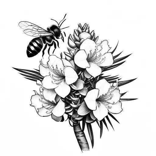 hand drawing of a camera wrapped in large Rhododendron flowers with a palm tree reflection in the lense and a honey bee  tattoo design idea