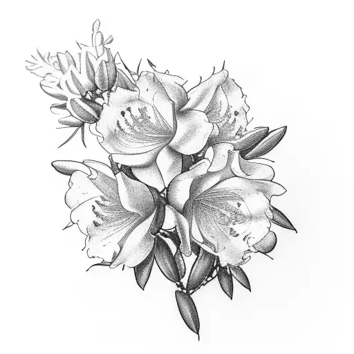 hand drawing of a camera wrapped in large Rhododendron flowers with a palm tree reflection in the lense and a honey bee  tattoo design idea