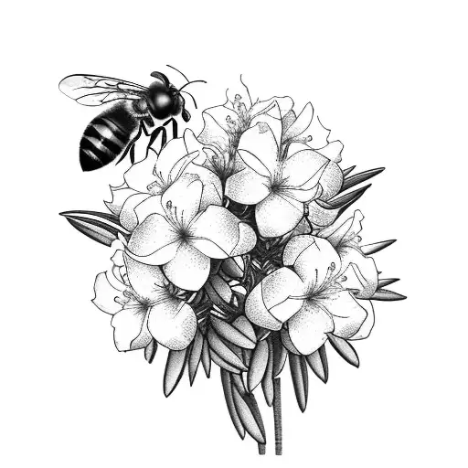 hand drawing of a camera wrapped in large Rhododendron flowers with a palm tree reflection in the lense and a honey bee  tattoo design idea