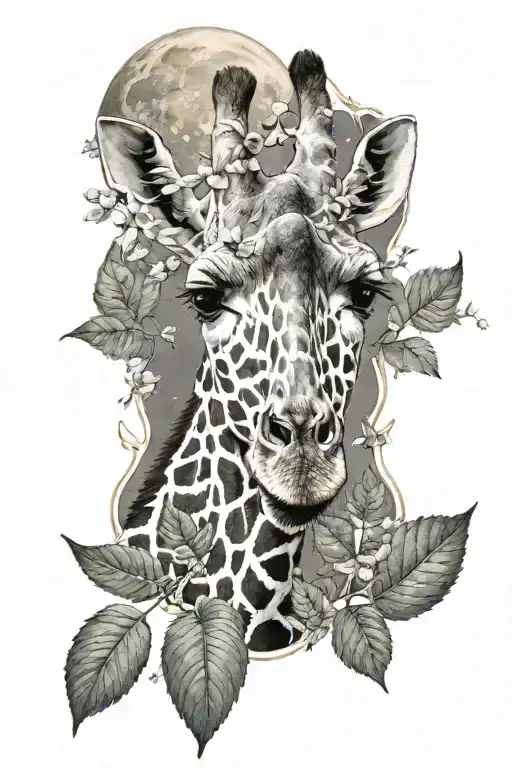 giraffe with moon and leaves. inside the giraffe I want the words sigma gyatt rizzler tattoo design idea
