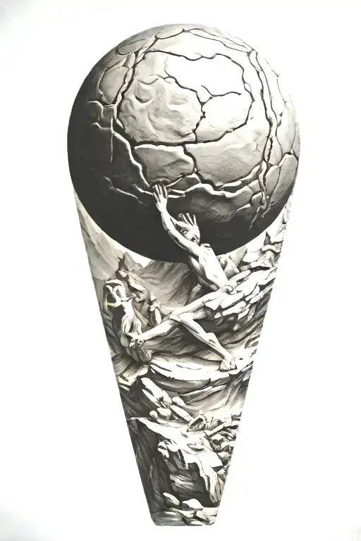 myth of sisyphus pushing a boulder uphill with fibonacci spiral forming tattoo design idea