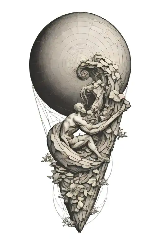 myth of sisyphus pushing a rock inspired tattoo with fibonacci spiral graph tattoo design idea