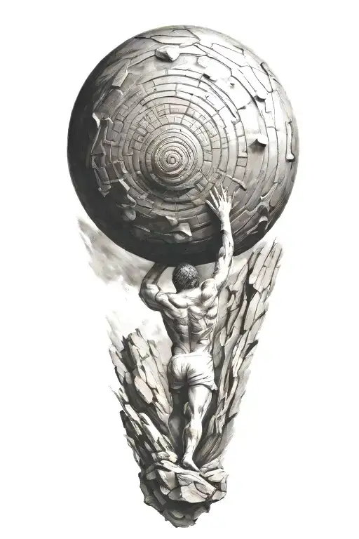 myth of sisyphus pushing a rock. fibonacci spiral with cosmic vibe tattoo design idea