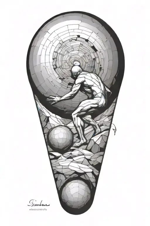 sisyphus pushing a boulder uphill. combined with fibonacci's spiral inside the boulder  tattoo design idea