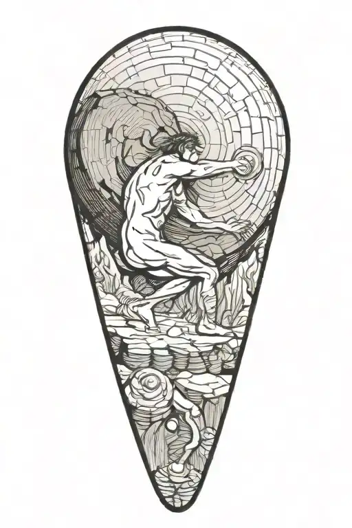 myth of King Sisyphus pushing a boulder, fibonacci spiral on the boulder  tattoo design idea