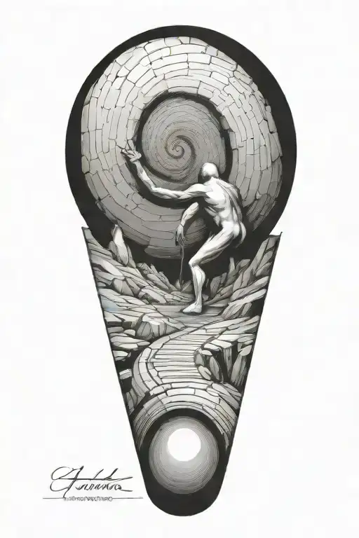 sisyphus pushing a rock uphill. fibonacci spiral inside the boulder  tattoo design idea