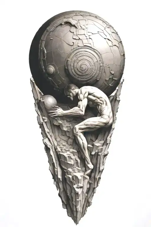 myth of sisyphus pushing a rock. fibonacci spiral with cosmic vibe tattoo design idea