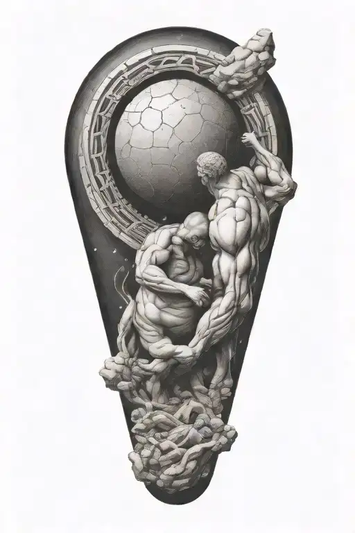 myth of sisyphus pushing a boulder, fibonacci spiral with cosmic vibe tattoo design idea