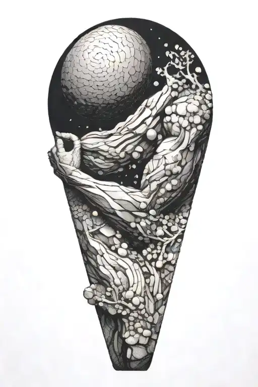 myth of sisyphus pushing a rock. fibonacci spiral, van gogh  tattoo design idea