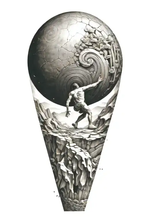 myth of sisyphus pushing a rock. fibonacci spiral with cosmic vibe tattoo design idea