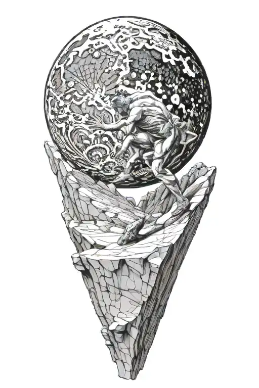 myth of sisyphus pushing a rock to the moon, with golden ratio graph tattoo design idea