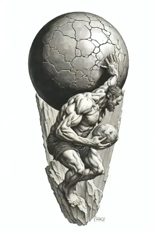 myth of sisyphus pushing a rock with fibonacci spiral  tattoo design idea