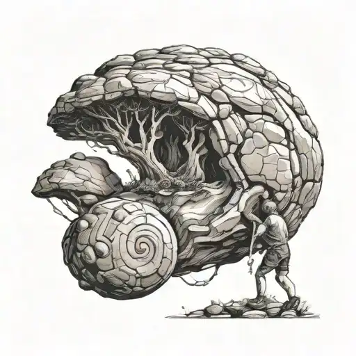 sissyphus pushing the boulder, with fibonacci sequence spiral tattoo design idea