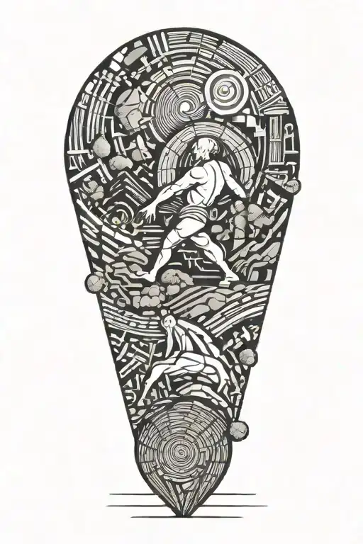 myth of King Sisyphus pushing a boulder uphill fibonacci spiral  tattoo design idea